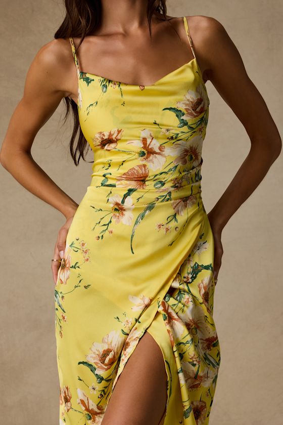 Sunny Blossom Yellow Floral Print Satin Cowl Neck Midi Dress