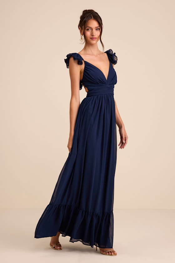 Soiree Celebration Navy Blue Ruffled Lace-Up Maxi Dress