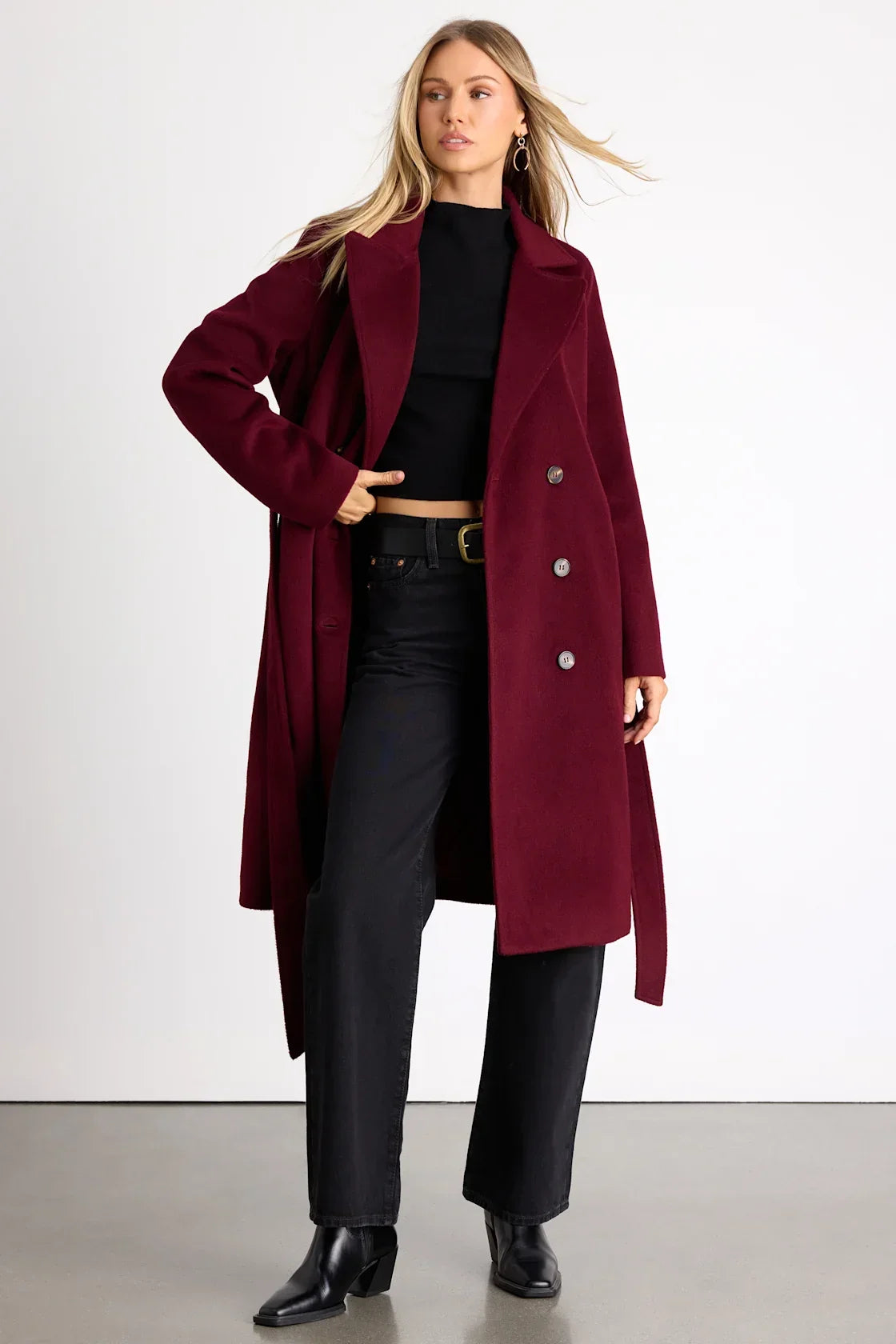 Season of Sophistication Burgundy Double-Breasted Coat