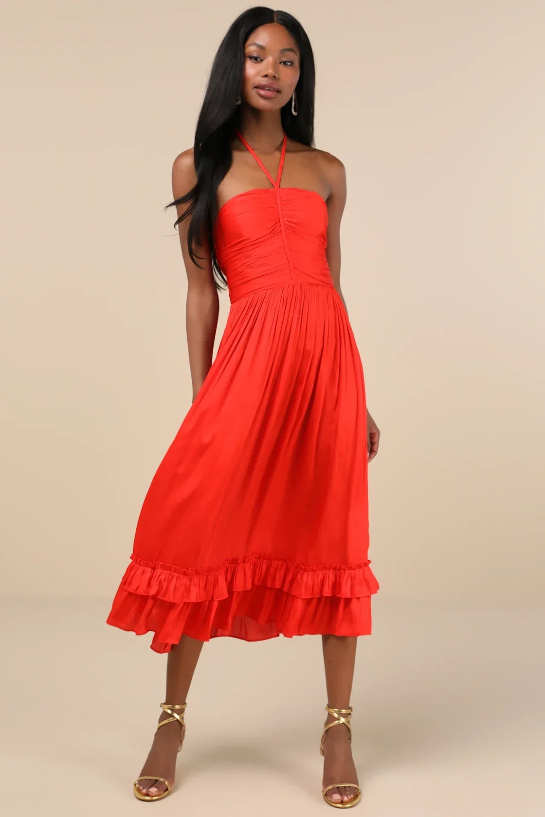 Pleasing Chicness Purple Satin Halter Tiered Midi Dress