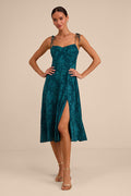 Loveliest Looks Emerald Green Jacquard Tie-Strap Midi Dress