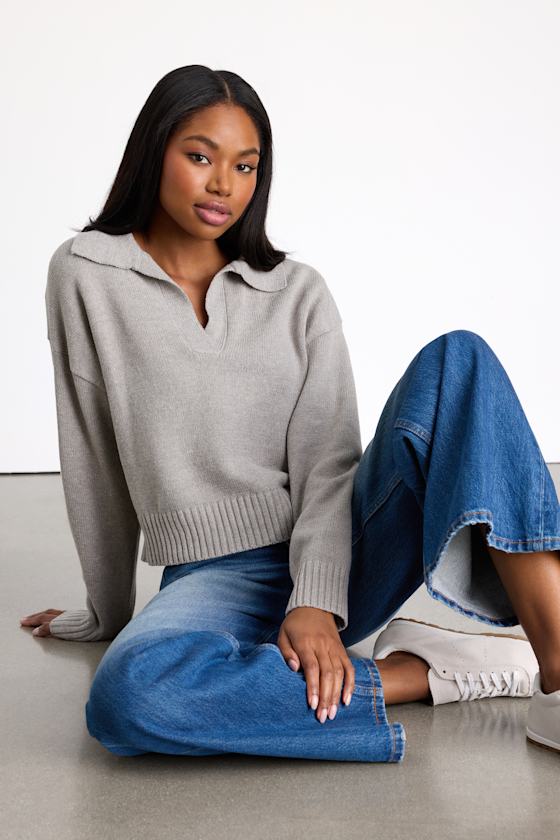 Cozy Forecast Heather Grey Collared Pullover Sweater
