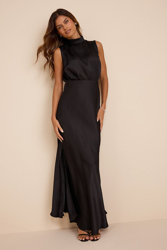 Classic Elegance Black Satin Sleeveless Mock Neck Maxi Dress