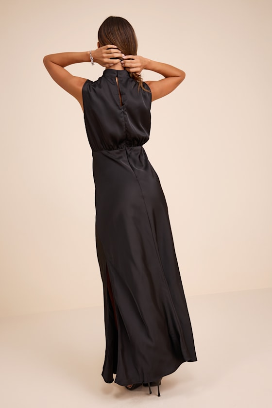 Classic Elegance Black Satin Sleeveless Mock Neck Maxi Dress