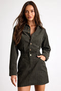 Divina Dark Olive Pinstriped Twill Collared Mini Dress