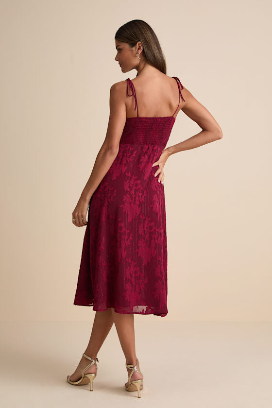 Loveliest Looks Burgundy Floral Jacquard Tie-Strap Midi Dress