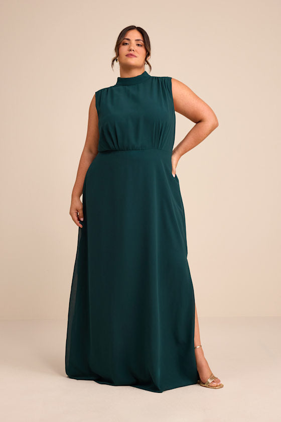 Classic Elegance Emerald Chiffon Sleeveless Mock Neck Maxi Dress