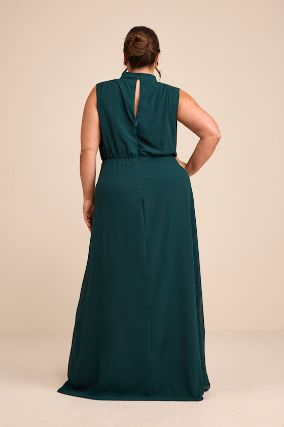 Classic Elegance Emerald Chiffon Sleeveless Mock Neck Maxi Dress