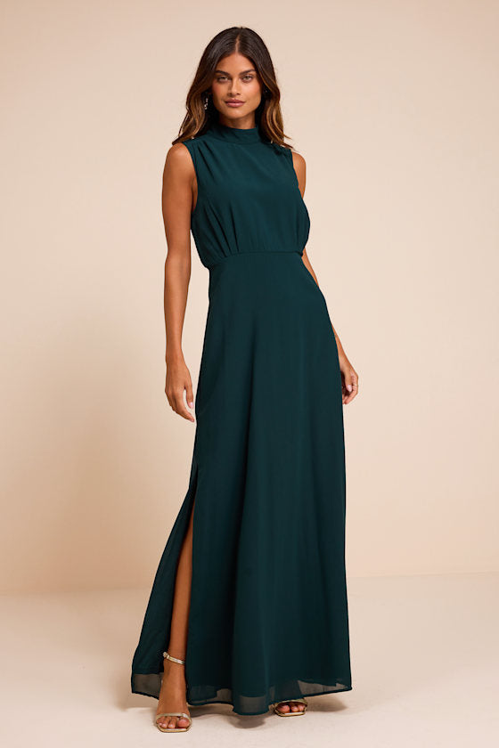 Classic Elegance Emerald Chiffon Sleeveless Mock Neck Maxi Dress