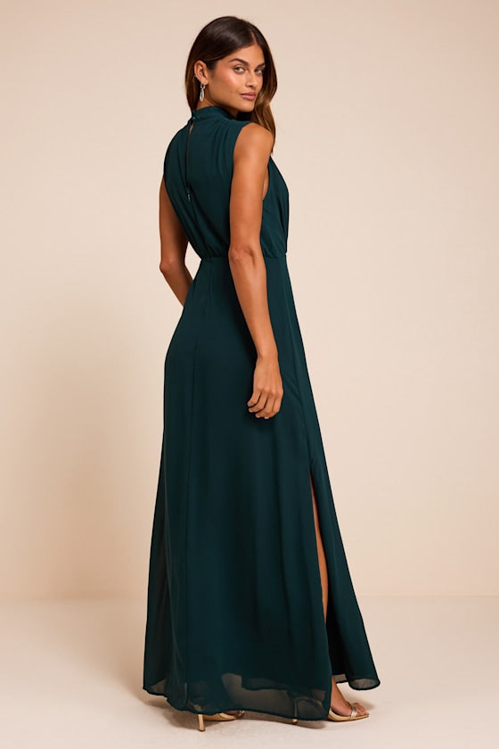 Classic Elegance Emerald Chiffon Sleeveless Mock Neck Maxi Dress