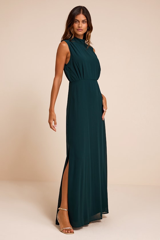 Classic Elegance Emerald Chiffon Sleeveless Mock Neck Maxi Dress