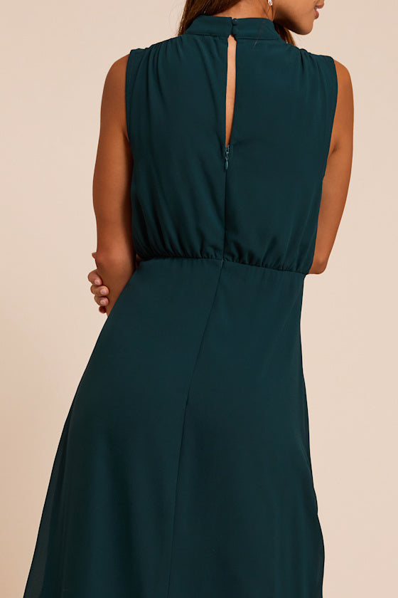 Classic Elegance Emerald Chiffon Sleeveless Mock Neck Maxi Dress
