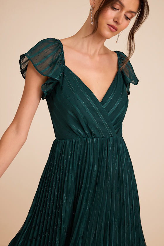 Standout Sophistication Emerald Lurex Flutter Sleeve Midi Dress