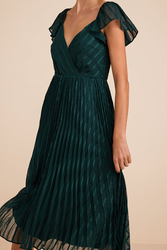Standout Sophistication Emerald Lurex Flutter Sleeve Midi Dress