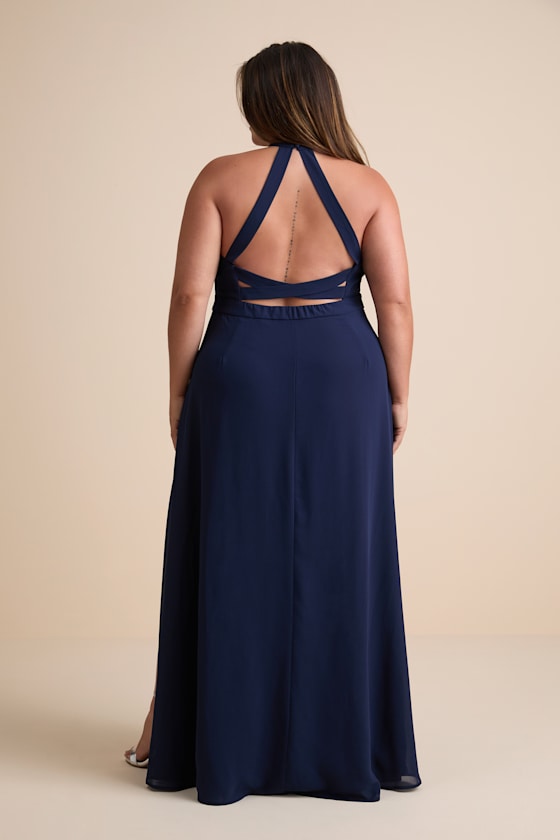 Confidently Charismatic Navy Blue Backless Halter Maxi Dress