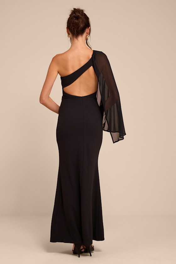 Majestic Attitude Black Cape Sleeve One-Shoulder Maxi Dress