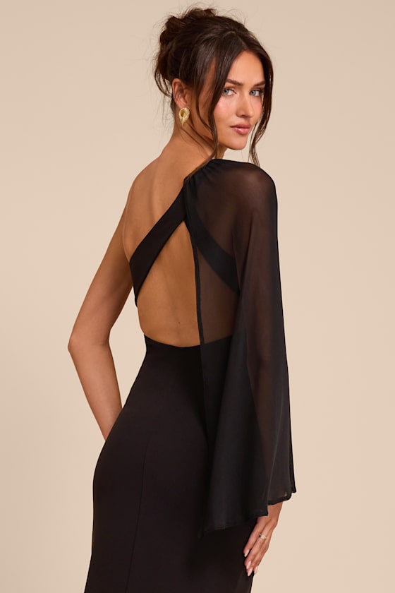 Majestic Attitude Black Cape Sleeve One-Shoulder Maxi Dress