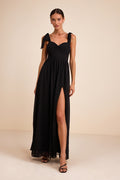 Radiant Charisma Black Chiffon Ruched Tie-Strap Maxi Dress