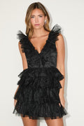 Striking Sensation Black Tulle Tiered Ruffled Mini Dress