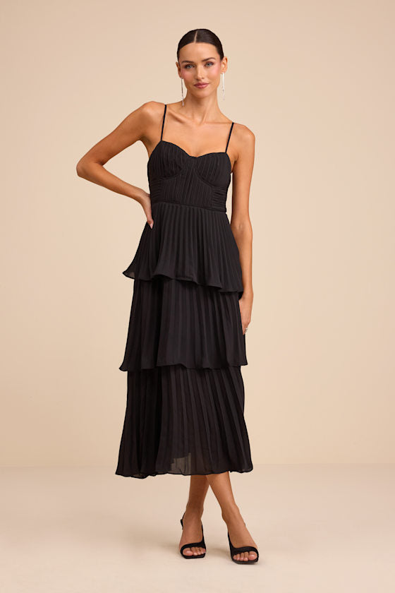 Cascading Crush Black Tiered Bustier Midi Dress