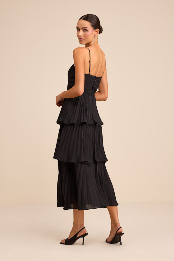 Cascading Crush Black Tiered Bustier Midi Dress