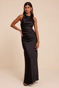 Effortlessly Sensational Black Satin Backless Maxi Dress