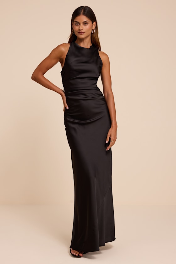 Effortlessly Sensational Black Satin Backless Maxi Dress