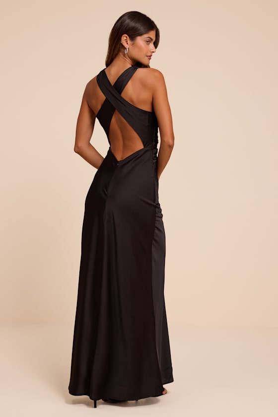 Effortlessly Sensational Black Satin Backless Maxi Dress