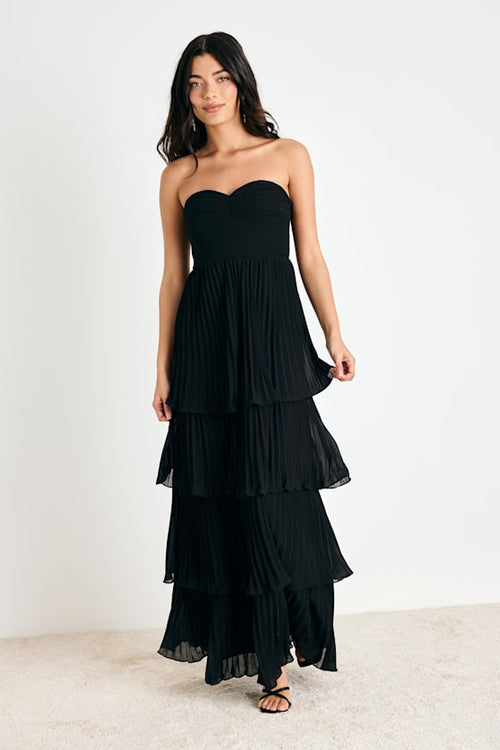 Seriously Sensational Black Strapless Tiered Maxi Dress