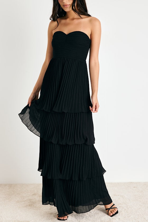Seriously Sensational Black Strapless Tiered Maxi Dress