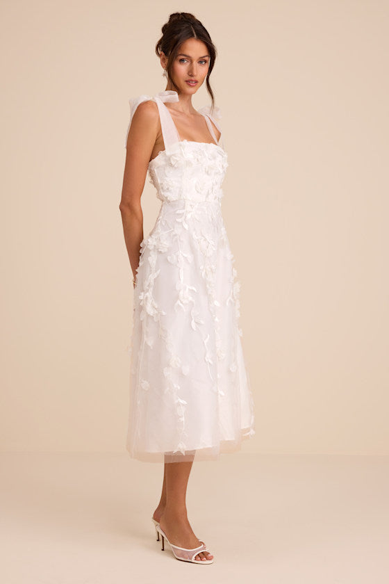 Effortlessly Sweet White Tulle 3D Floral Tie-Strap Midi Dress