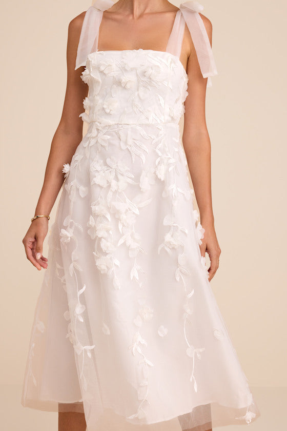 Effortlessly Sweet White Tulle 3D Floral Tie-Strap Midi Dress