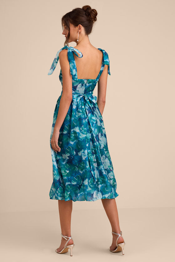 Flowering Day Dream Teal Blue Floral Organza Midi Bubble Dress