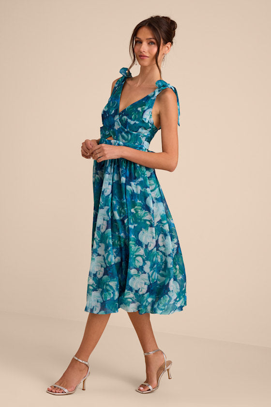 Flowering Day Dream Teal Blue Floral Organza Midi Bubble Dress