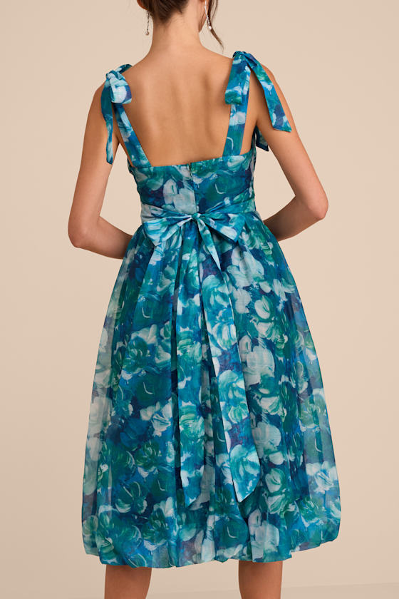 Flowering Day Dream Teal Blue Floral Organza Midi Bubble Dress