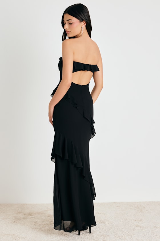 Dramatic Allure Black Ruffled Cutout Strapless Maxi Dress