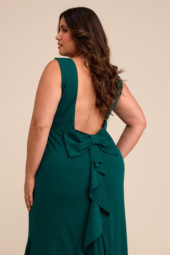 Exquisite Refinement Emerald Backless Bow Ruffled Maxi Dress