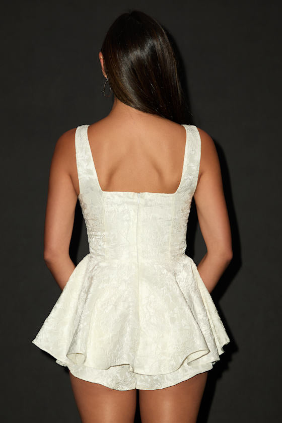 Radiant Flair Ivory Floral Jacquard Bustier Skort Romper