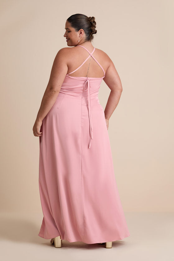 So Loving Pink Satin Pleated Lace-Up Backless Maxi Dress