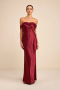 Alaida Wine Red Satin Off-the-Shoulder Maxi Dress