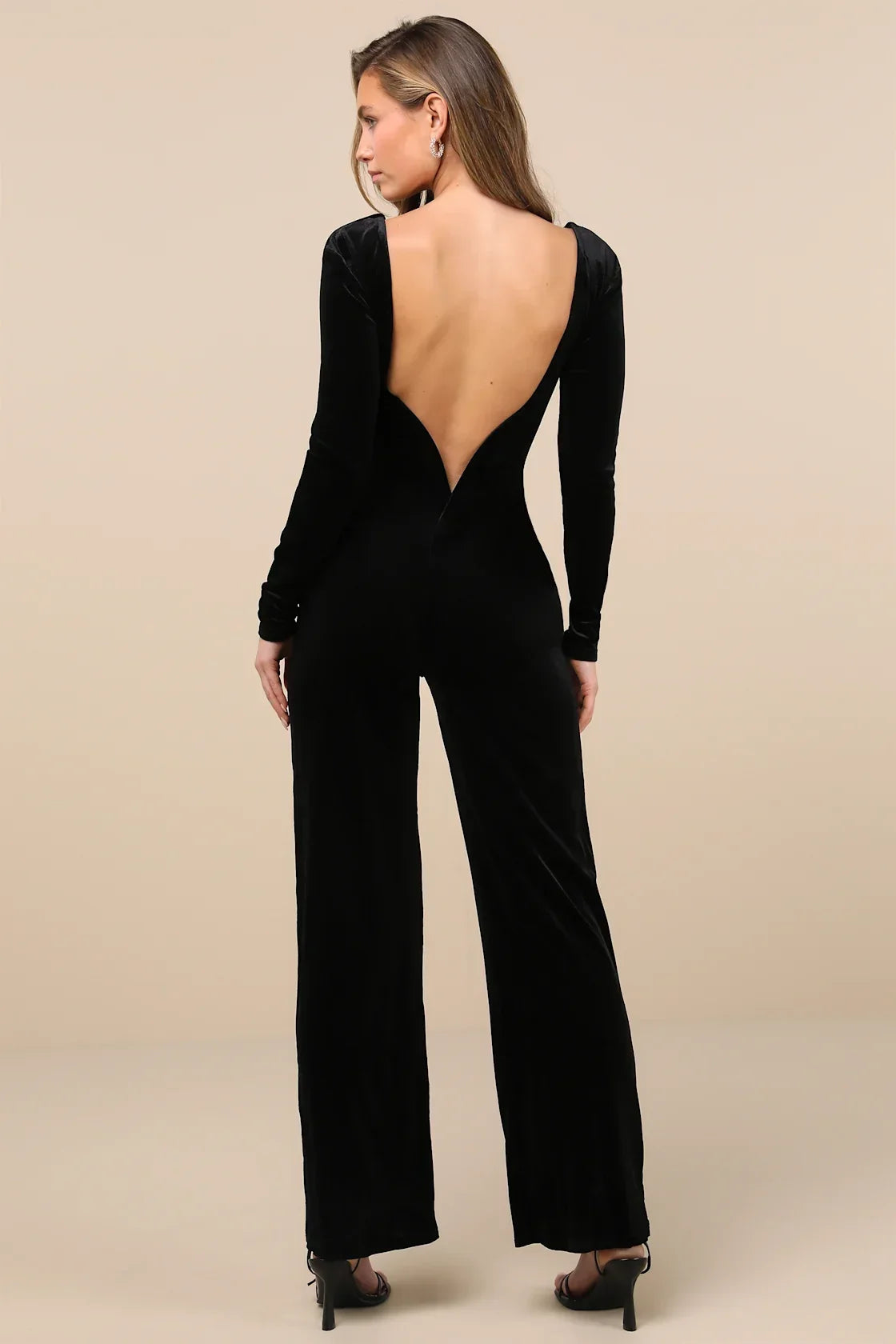 Instant Stunner Black Velvet Backless Jumpsuit