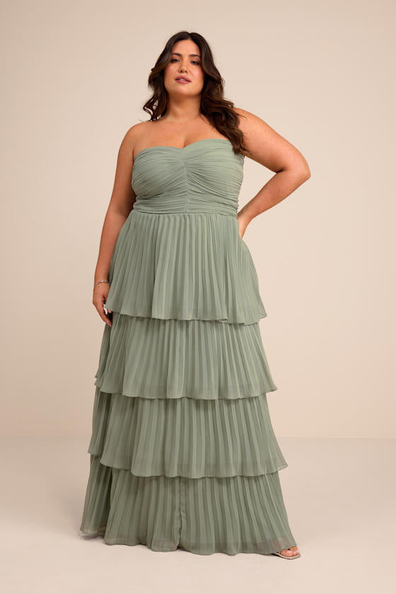 Seriously Sensational Sage Brush Strapless Tiered Maxi Dress