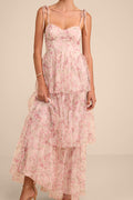 Blissfully Gorgeous Blush Floral Tie-Strap Bustier Maxi Dress