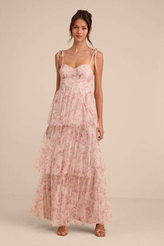 Blissfully Gorgeous Blush Floral Tie-Strap Bustier Maxi Dress