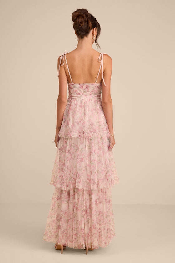 Blissfully Gorgeous Blush Floral Tie-Strap Bustier Maxi Dress
