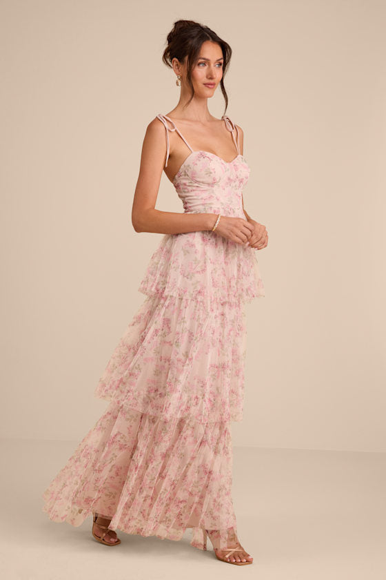 Blissfully Gorgeous Blush Floral Tie-Strap Bustier Maxi Dress