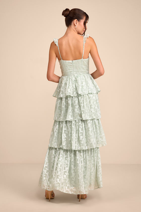 Stunning Glory Sage Green Floral Jacquard Tiered Maxi Dress