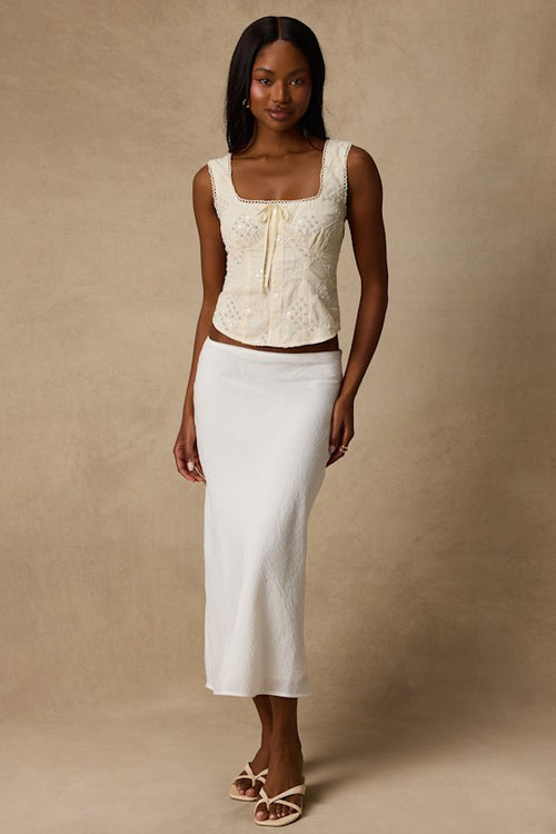 Pleasant Poise White High-Rise A-Line Midi Skirt