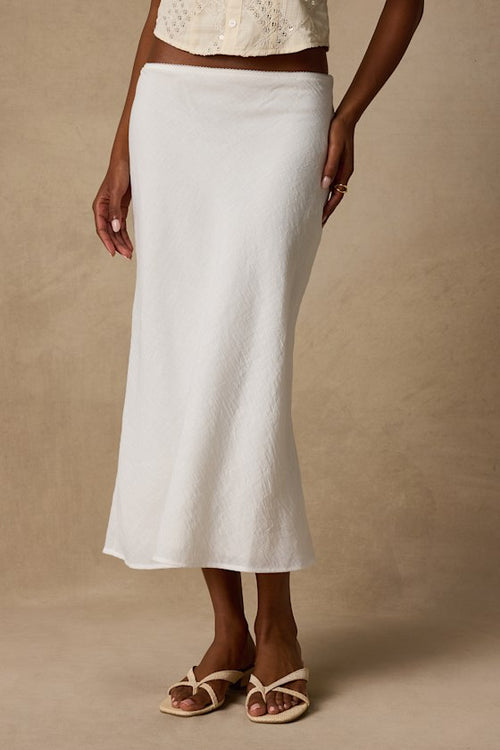 Pleasant Poise White High-Rise A-Line Midi Skirt