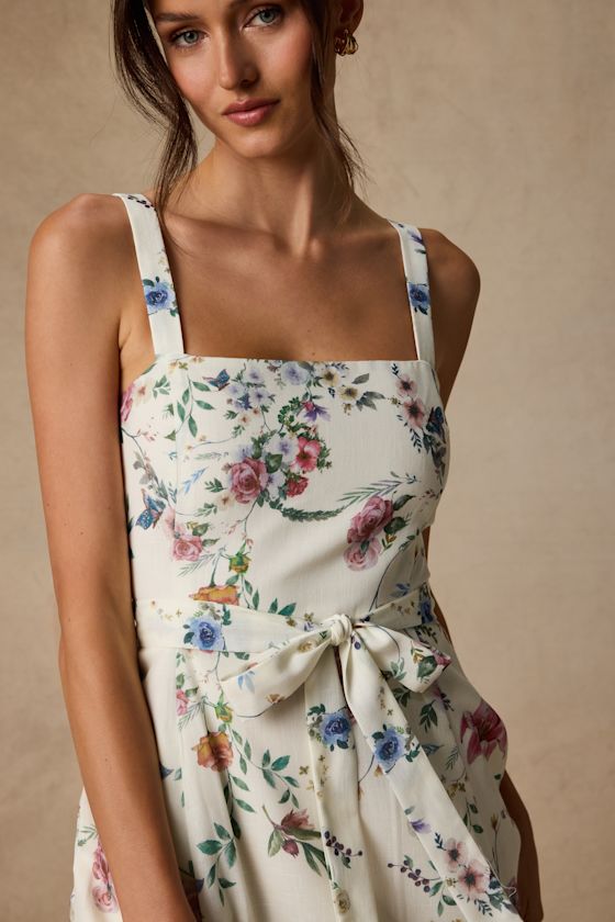 Sunny Posture Ivory Floral Sleeveless Midi Dress